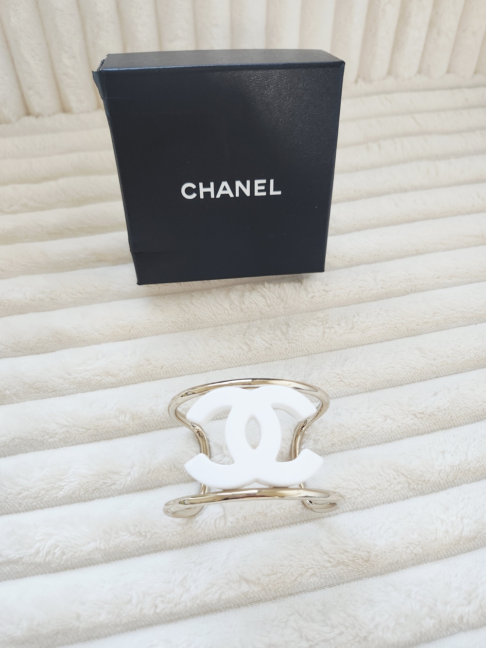 Chanel 24C White Resin CC Logo Wide Cuff Bracelet Light Gold Tone Made in France